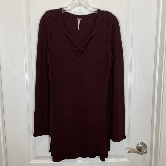 Free People Angi Tunic Sweater Dark Brown Crisscross Neck Slits Knit Boho S - Picture 2 of 7